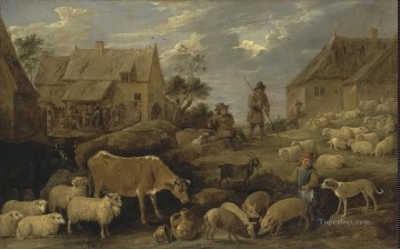 landscape Painting - Teniers David II Landscape with a Shepherd and a Flock